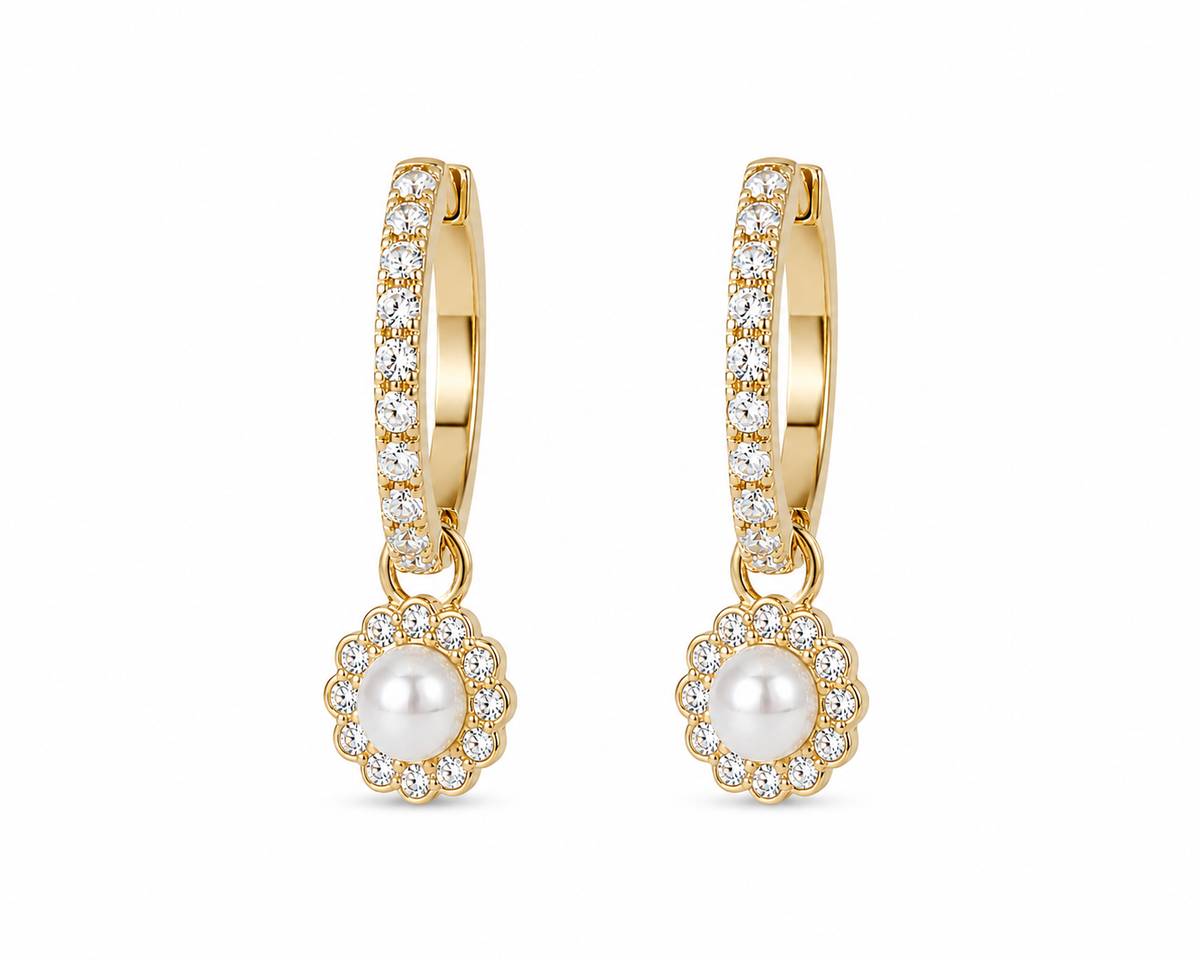 Pearl Halo Drop Earrings - 925 Sterling Silver Earrings